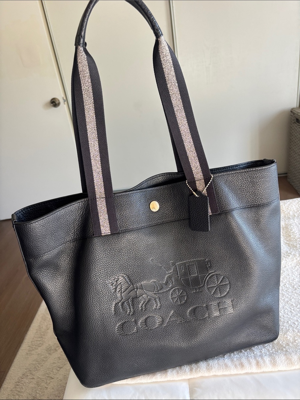 COACH Black Pebbled Leather Tote with Contrast Stripe Handles
